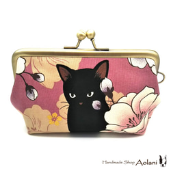 ◇和服圖案Gamaguchi小袋的黑貓和牡丹花◇淡粉色 第2張的照片