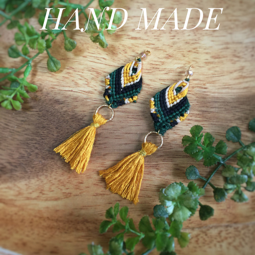 再々販】オルテガ柄フリンジ付きイヤリング・ピアス♡イエロー