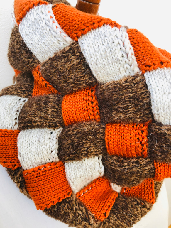 バスケット編み三色スヌード　《茶　オレンジ　ツイード》 4枚目の画像