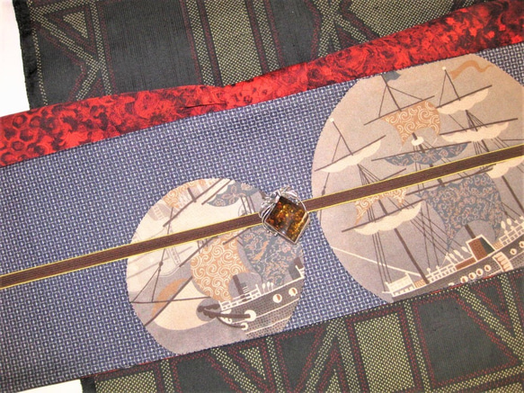 半幅帯･正絹大島･長尺･1点物･珍しい柄(帆船) リバーシブル 2枚目の画像