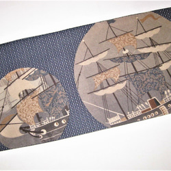 半幅帯･正絹大島･長尺･1点物･珍しい柄(帆船) リバーシブル 3枚目の画像