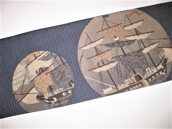 半幅帯･正絹大島･長尺･1点物･珍しい柄(帆船) リバーシブル 3枚目の画像