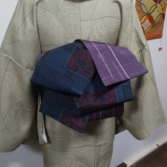半幅帯 正絹紬 リバーシブル 新品】正絹紬半幅帯(民芸織紬と紬)長尺 リバーシブル つなぎ目の
