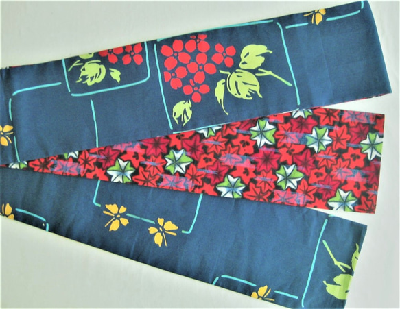 【セール】綿半幅帯･長尺　(花とニコニコ絣)　レトロ　リバーシブル 1枚目の画像