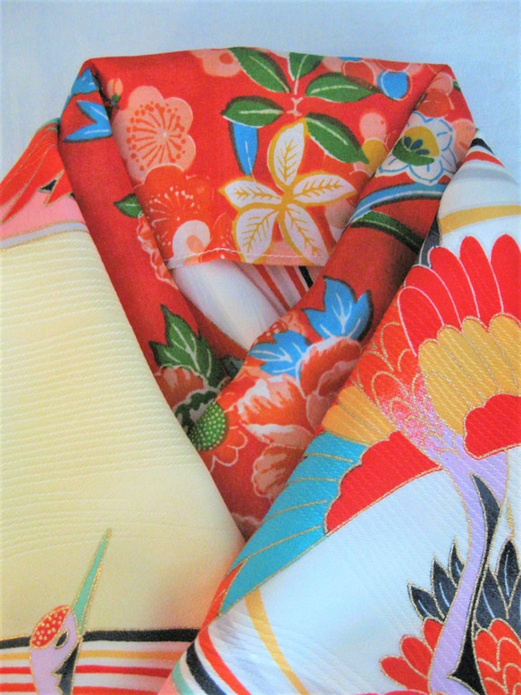 新品】子供半衿・昭和レトロ(朱)あ・シルク女の子半襟 七五三 和装小物