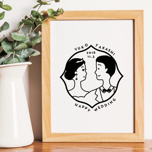 似顔絵イラスト ウェルカムボード　モノクロ　シンプル　ウェディングロゴ