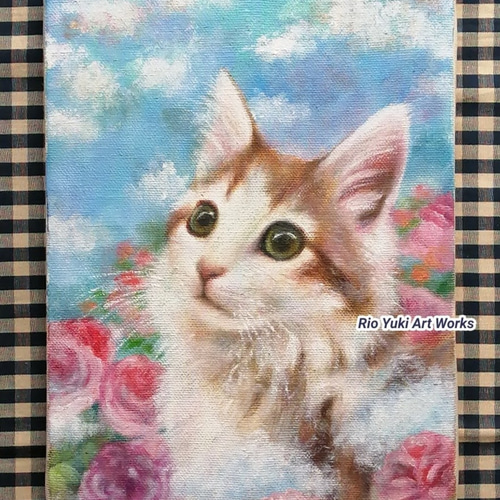 猫とピンク薔薇】油絵/絵画/絵/油彩画 | Pay ID