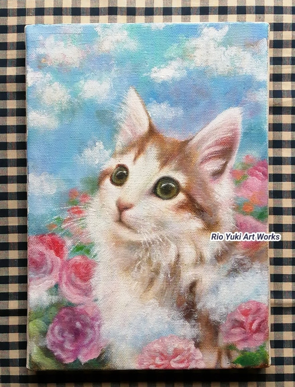 子猫と天空のバラ園の絵 油絵原画「I ask the angel's mood