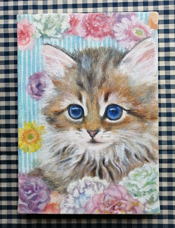 箱入り猫（娘)　油絵　オリジナル　手描き　原画 油絵 ボルボに乗る猫の家族 （子猫と花の絵 油絵原画「symphony