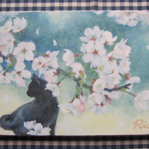黒猫と桜の絵 油絵原画「誰何」 絵画 Rio Yuki 通販 2935314｜Creema