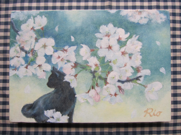 黒猫と桜の絵 油絵原画「誰何」 絵画 Rio Yuki 通販 2935314｜Creema