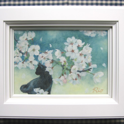 黒猫と桜の絵 油絵原画「誰何」 絵画 Rio Yuki 通販 2935314｜Creema