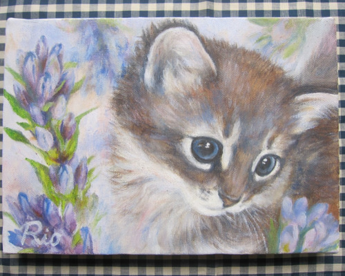 箱入り猫（娘)　油絵　オリジナル　手描き　原画 桜と子猫の絵 油絵原画「The arrival of spring」 絵画 Rio Yuki