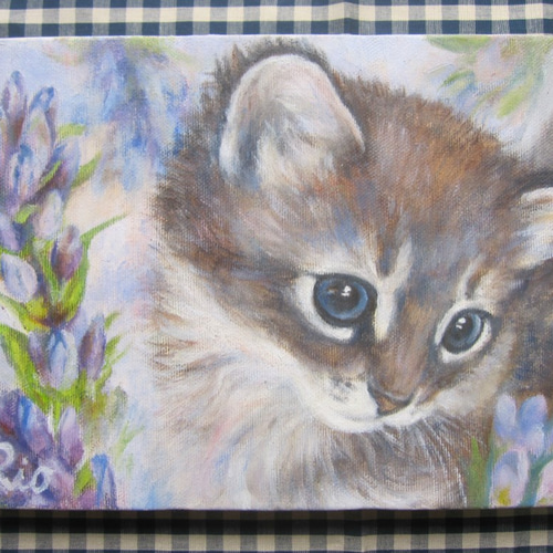 子猫とリンドウの絵 油絵原画「Close to you」 絵画 Rio Yuki