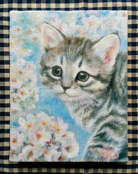 子猫と桜の絵　油絵原画「サクラネコ」 1枚目の画像