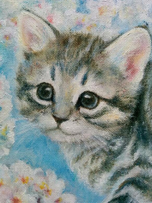 子猫と桜の絵　油絵原画「サクラネコ」 2枚目の画像