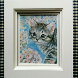 子猫と桜の絵　油絵原画「サクラネコ」 3枚目の画像