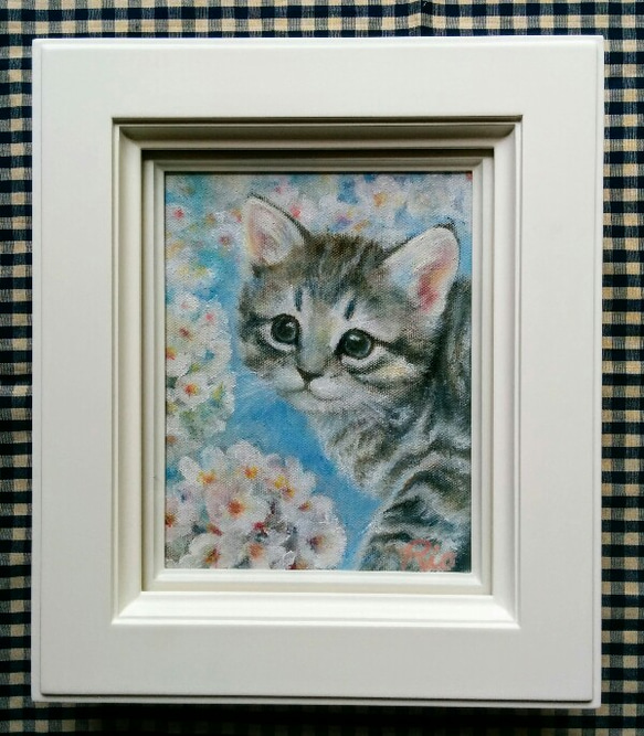 子猫と桜の絵　油絵原画「サクラネコ」 3枚目の画像