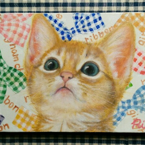 絵画。原画【かわいい黒猫と3つの赤いリンゴ】 絵画 アカザ麦
