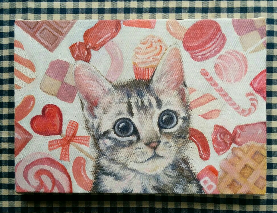 油絵　マミ　幸せを呼ぶピンク色の猫 油絵 マミ様専用 幸せを呼ぶピンク色の猫