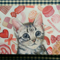 油絵　マミ　幸せを呼ぶピンク色の猫 油絵 マミ様専用 幸せを呼ぶピンク色の猫