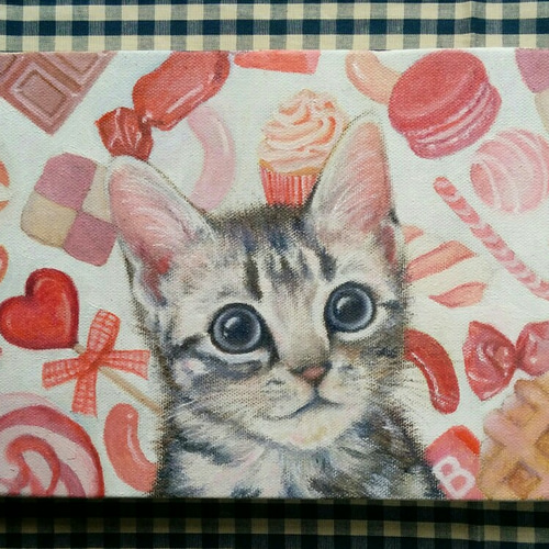 子猫とピンク色のお菓子の絵 油絵原画「Pinky Sweets」 絵画 Rio