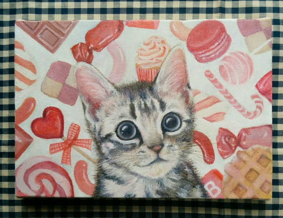子猫とピンク色のお菓子の絵 油絵原画「Pinky Sweets」 絵画 Rio