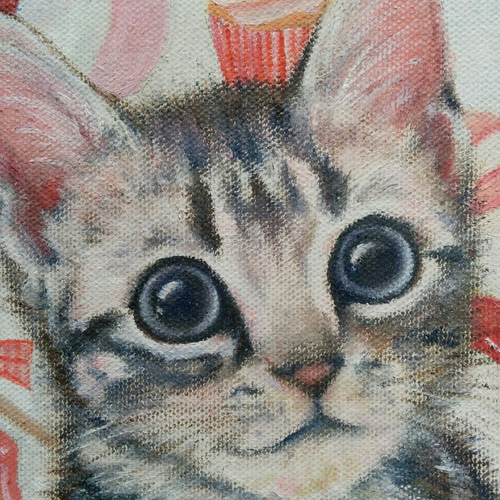子猫とピンク色のお菓子の絵 油絵原画「Pinky Sweets」 絵画 Rio