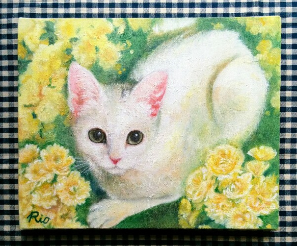 白猫と木香バラの絵　油絵原画「Appropriate」 1枚目の画像