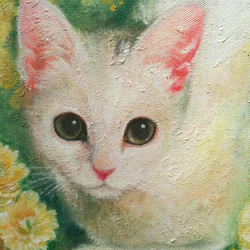白猫と木香バラの絵　油絵原画「Appropriate」 2枚目の画像