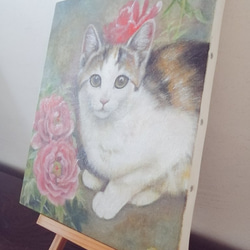 子猫と牡丹の絵　油絵原画「清秀」 2枚目の画像