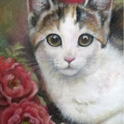 子猫と牡丹の絵　油絵原画「清秀」 3枚目の画像