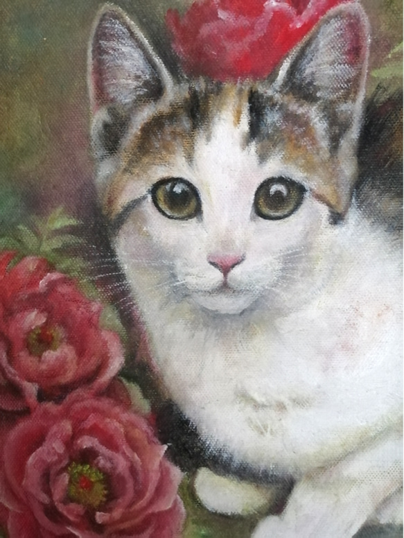 子猫と牡丹の絵　油絵原画「清秀」 3枚目の画像