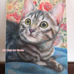 毛布の上で寛ぐ猫の絵　油絵原画「Residence」 1枚目の画像