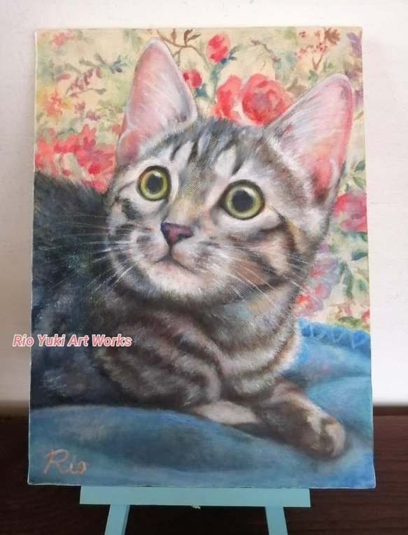 毛布の上で寛ぐ猫の絵　油絵原画「Residence」 1枚目の画像