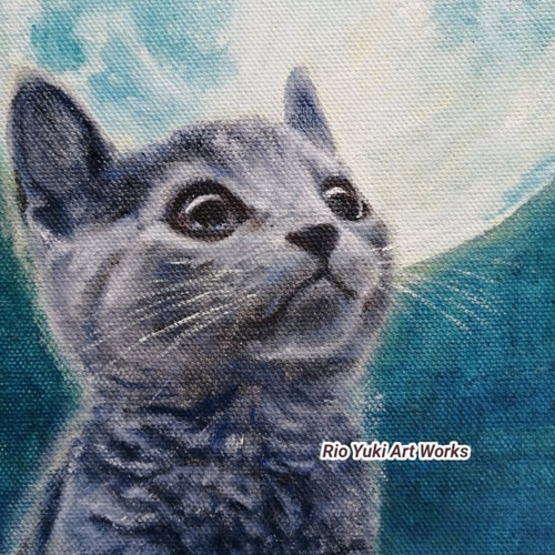 ロシアンブルーの子猫と満月の絵 油絵原画「BLUE MOON」 絵画 Rio Yuki