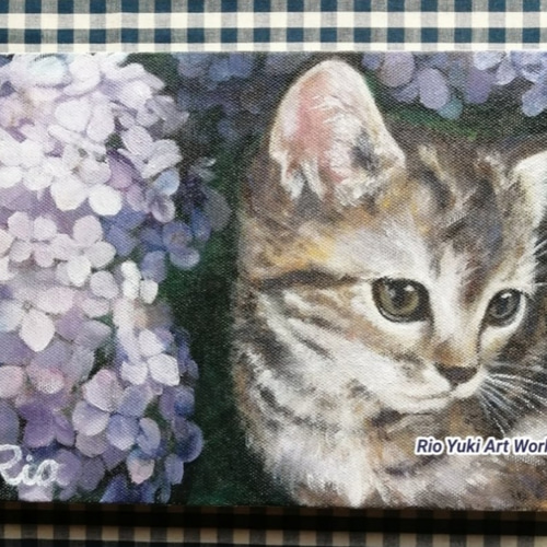 絵画　額付 (淡い銀青緑 ) 油絵　F3-051621　かわいい子猫と女の子 水星に乗った子猫と宇宙空間の絵 油絵原画「Ride on Mercury