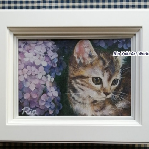 猫バーガー油彩画油絵原画額付きオリジナル