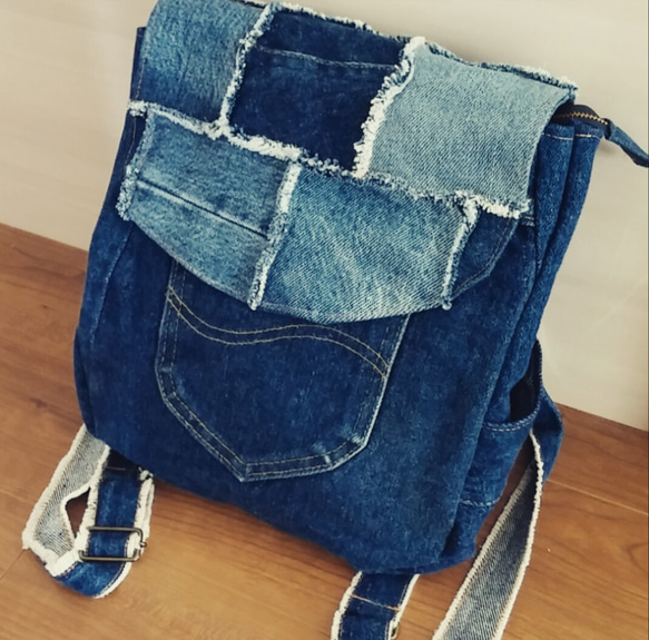 デニムリメイクリュック ほつれパッチワーク リュック・バックパック 