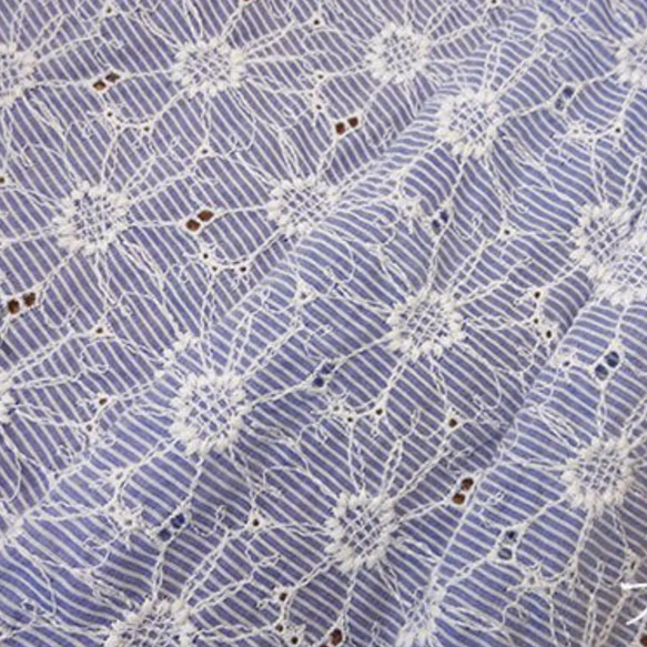 ⭐️SALE⭐️定形郵便送料無料／日本製ブルーストライプマーガレット刺繍綿レース生地　96×15cm Ｅ 2枚目の画像