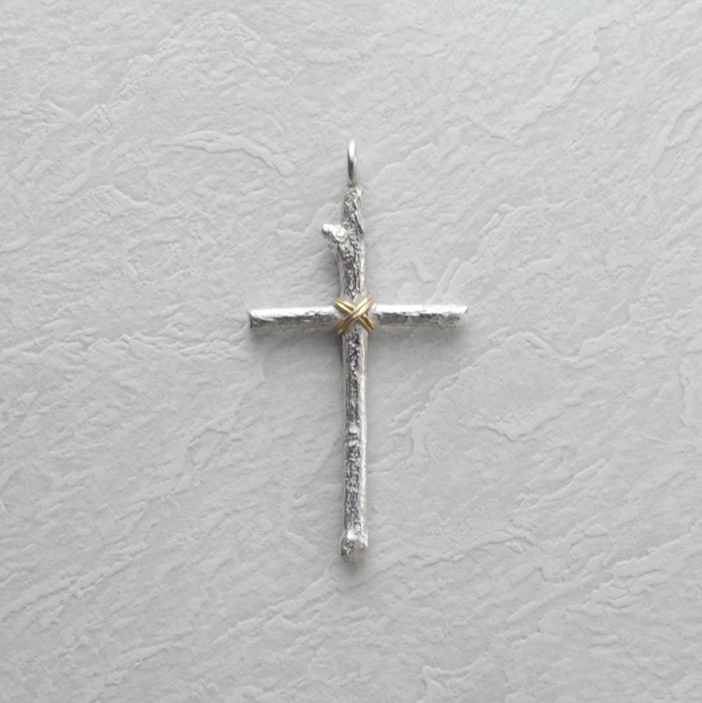 925 Silver Wood cross pendant with 18K Gold Wire