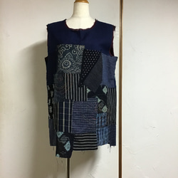 古布 型染藍染 木綿 つぎはぎベスト 綿100% ベスト アトリエ丹歩歩