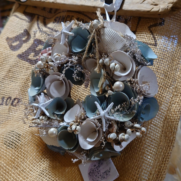 ❤︎海の音が聞こえてきそう ❤︎海リース貝殻とdry flowerのブルーリース限定品です♪❤︎1年中飾って頂けます❤︎ 2枚目の画像