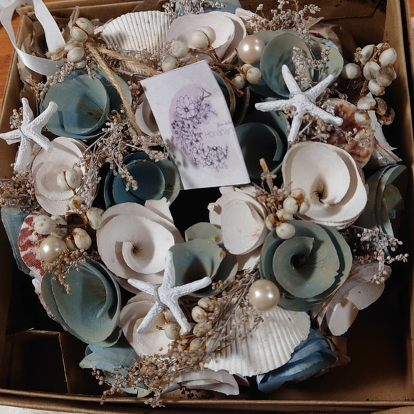 ❤︎海の音が聞こえてきそう ❤︎海リース貝殻とdry flowerのブルーリース限定品です♪❤︎1年中飾って頂けます❤︎ 9枚目の画像