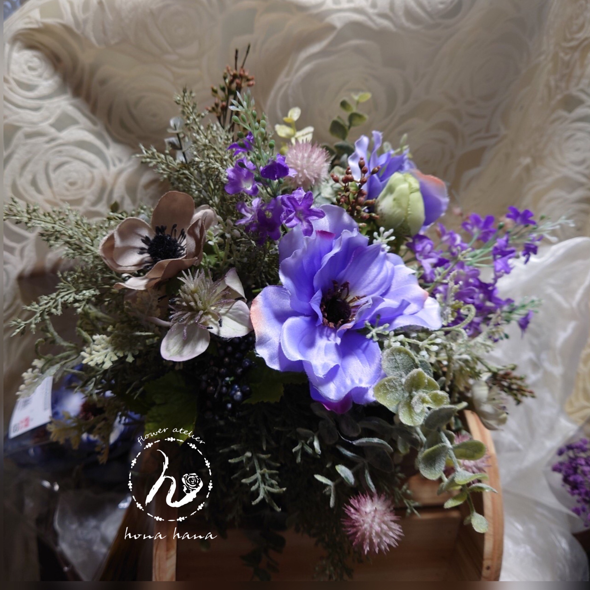 ❤︎wedding シャビーアーティフシャルブーケ❤︎パープルのアネモネと深いグリーン❤︎