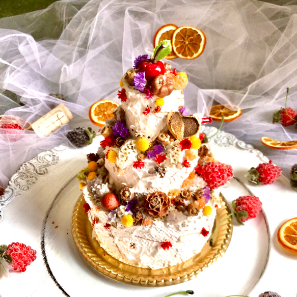 ❤︎ミニチュアドライクレーケーキ3段❤︎カラフルな dry flowerを飾り