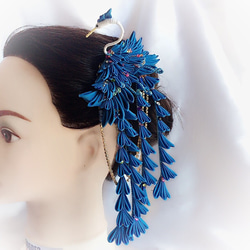 つまみ細工 青羽鳥のヘアアクセサリー・帯飾り 2枚目の画像