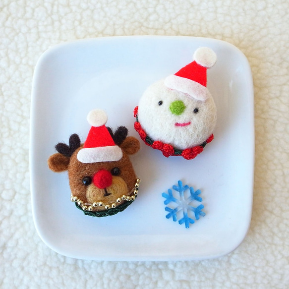 クリスマスの雪だるま＆トナカイ/ウールフェルト2ピン（雪だるまのトナカイのブローチはマッチピースのギフトクリスマス年末年末の報酬 4枚目の画像