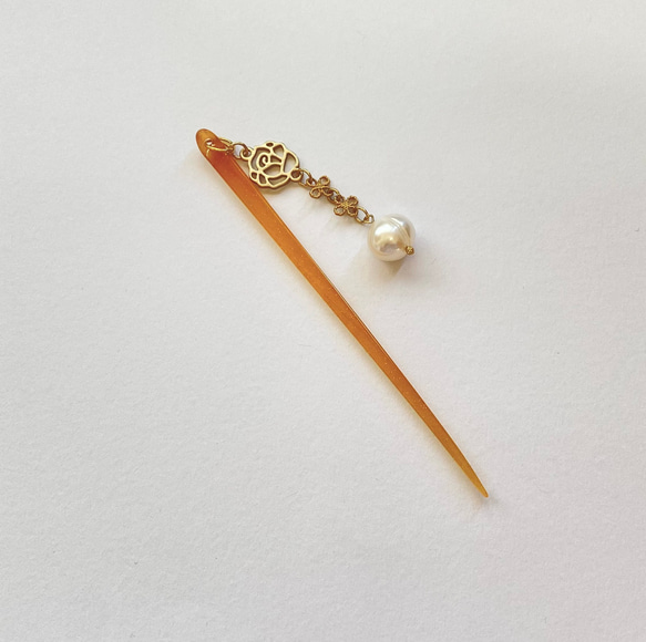 〈大玉真珠の簪〉根付　本真珠　ゴールドカラー　2way オトナ　和装　和小物 6枚目の画像