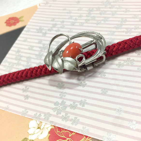 SILVER 珊瑚 ブローチ 帯留め